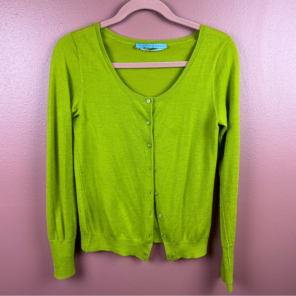 Johnny Was 100% tissue cashmere cardigan in apple green size medium - Picture 1 of 7